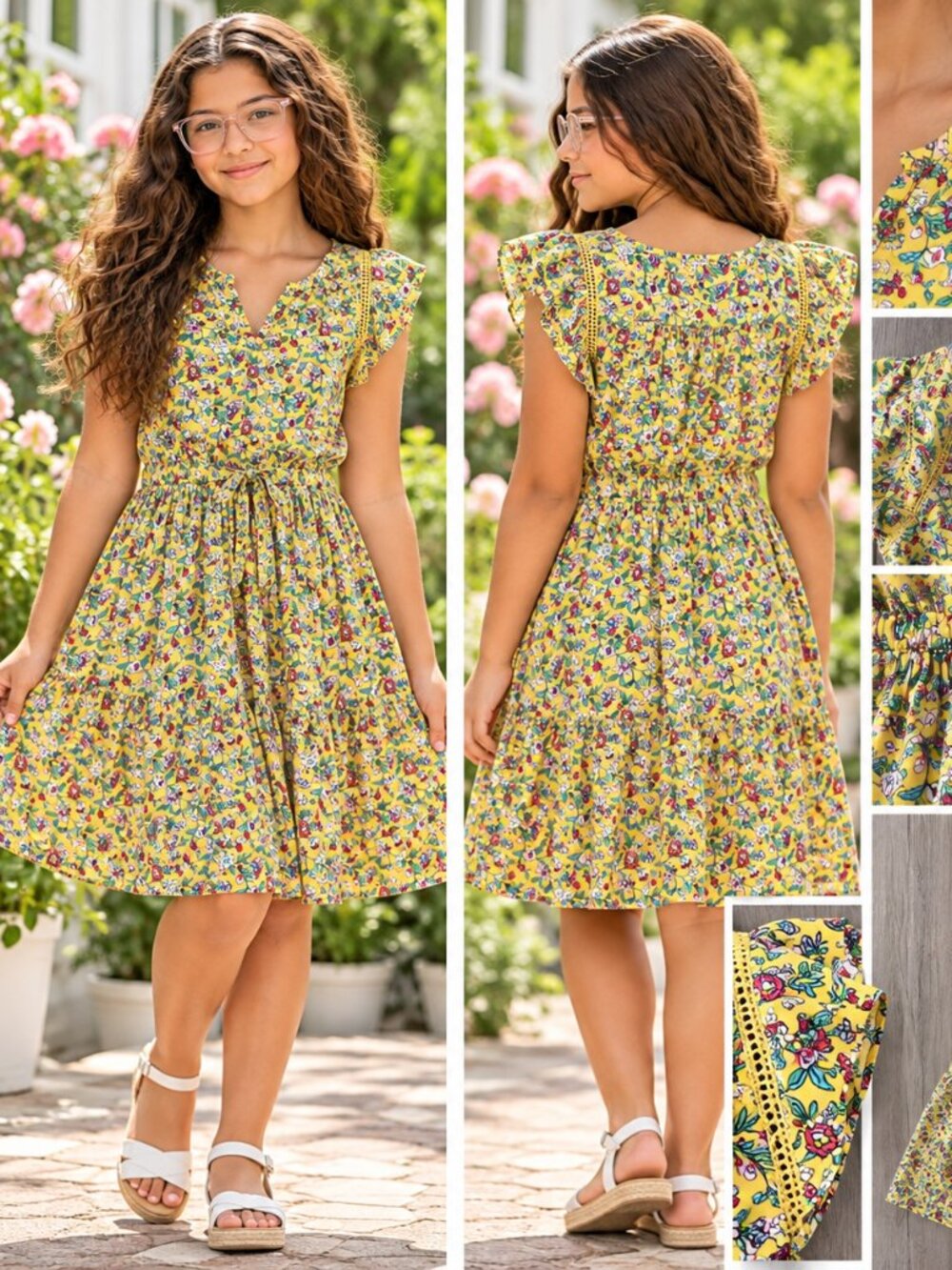 Girls Yellow Floral Dress – Size 14/16